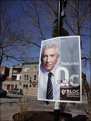 Bloc Quebecois poster with Nada scrawled across it