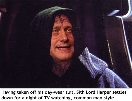 Having taken off his day-wear suit, Stephen Harper settles down for a night of TV watching, common man style.