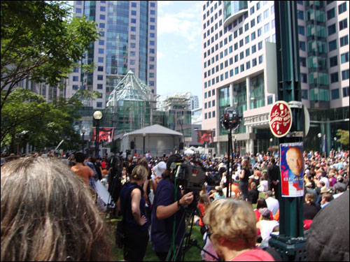 Watching Jack Layton's funeral, Jack Layton chalk memorial,  David Pecaut Square beside Roy Thomson Hall