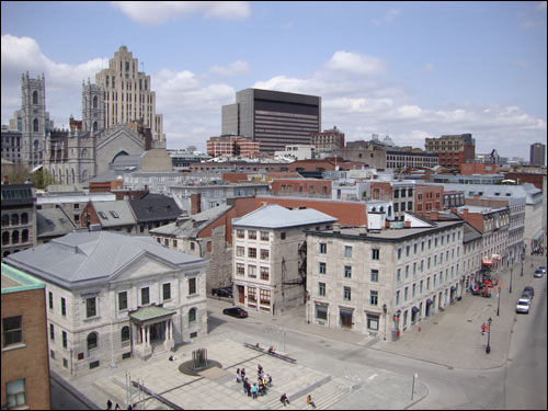 Old Montreal from the third floor lookout of Pointe-à-Callière, the Montreal Museum of archaeology  and history