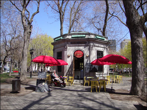 St. Louis Square Park at the east end of Rue Prince Arthur, Montreal. Ice cream shop smack in the  middle of the park.