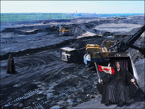 Emperor Harper and one of his minions supervise the destuction of the environment and the creation of dirty fossil fuel at the Alberta Tar Sands. 